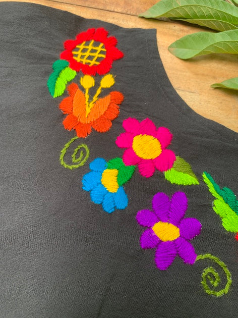 Theodora Hand Embroidered Black Blouse- Honeycomb Flowers- Large