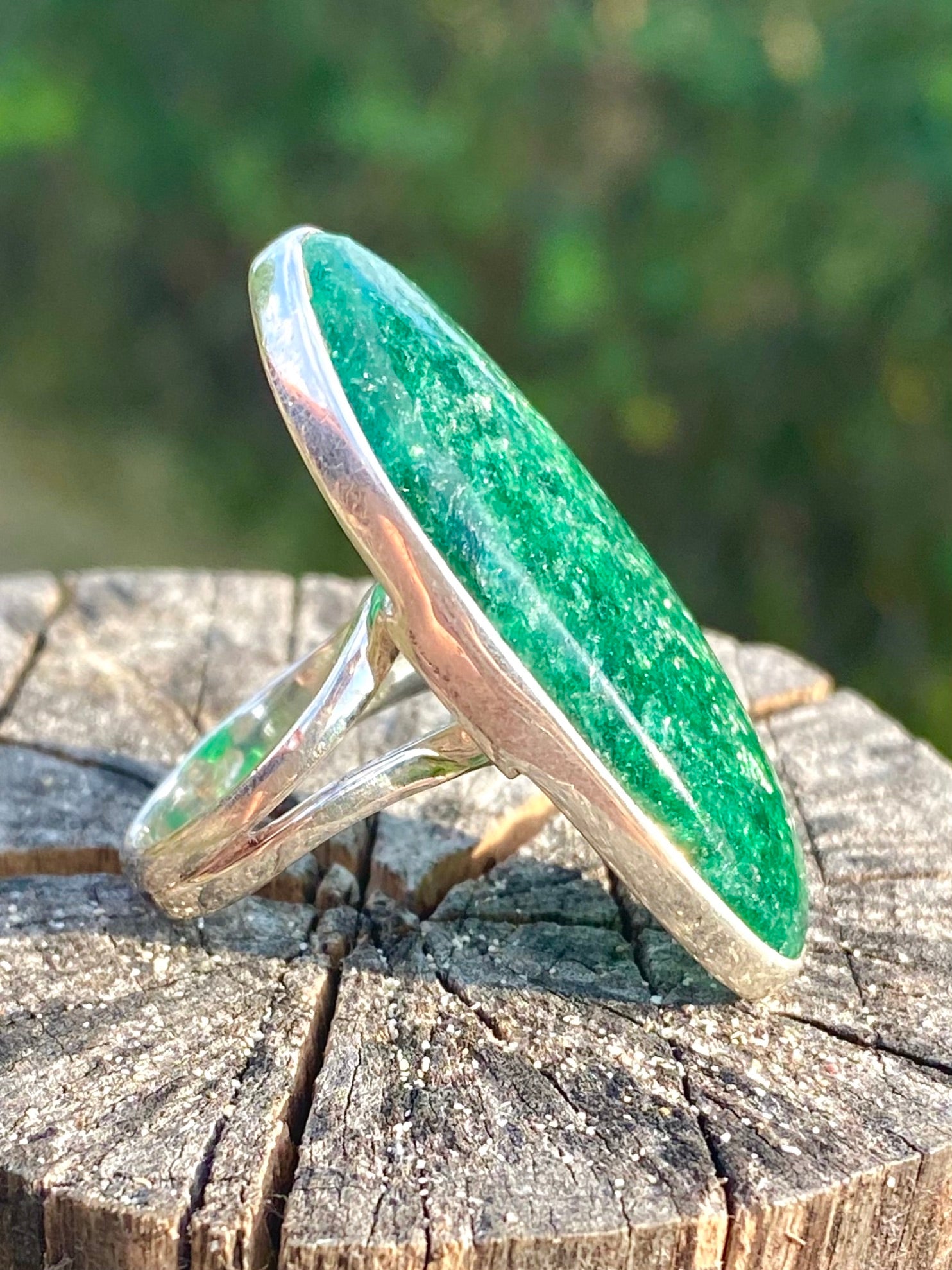 Sterling Silver Sparkly Green Aventurine Ring- Large Size 7.5