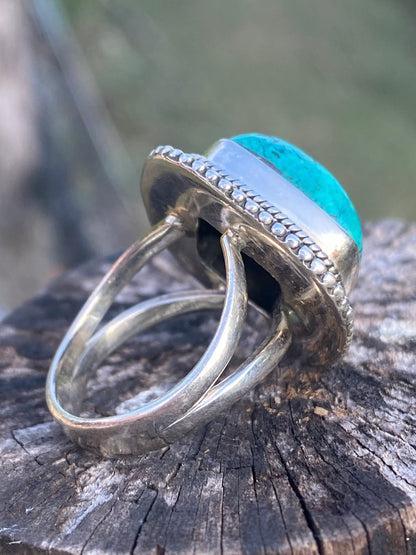 Sterling Silver Turquoise Ring- Diagonal Square Size 7, Size 8.5