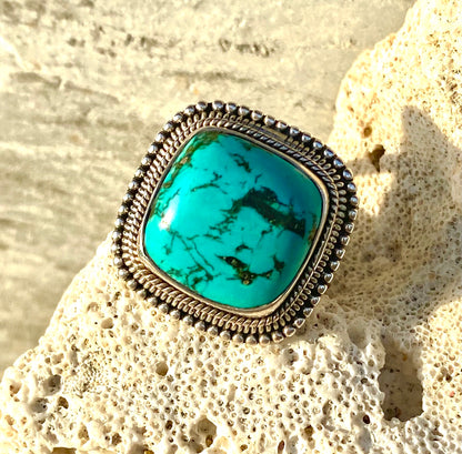 Sterling Silver Turquoise Ring- Diagonal Square Size 7, Size 8.5