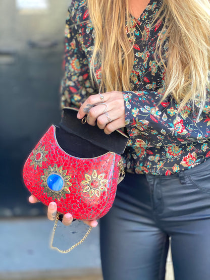 BoBo Designed Indian Mosaic Bag -Royal Red With Agate