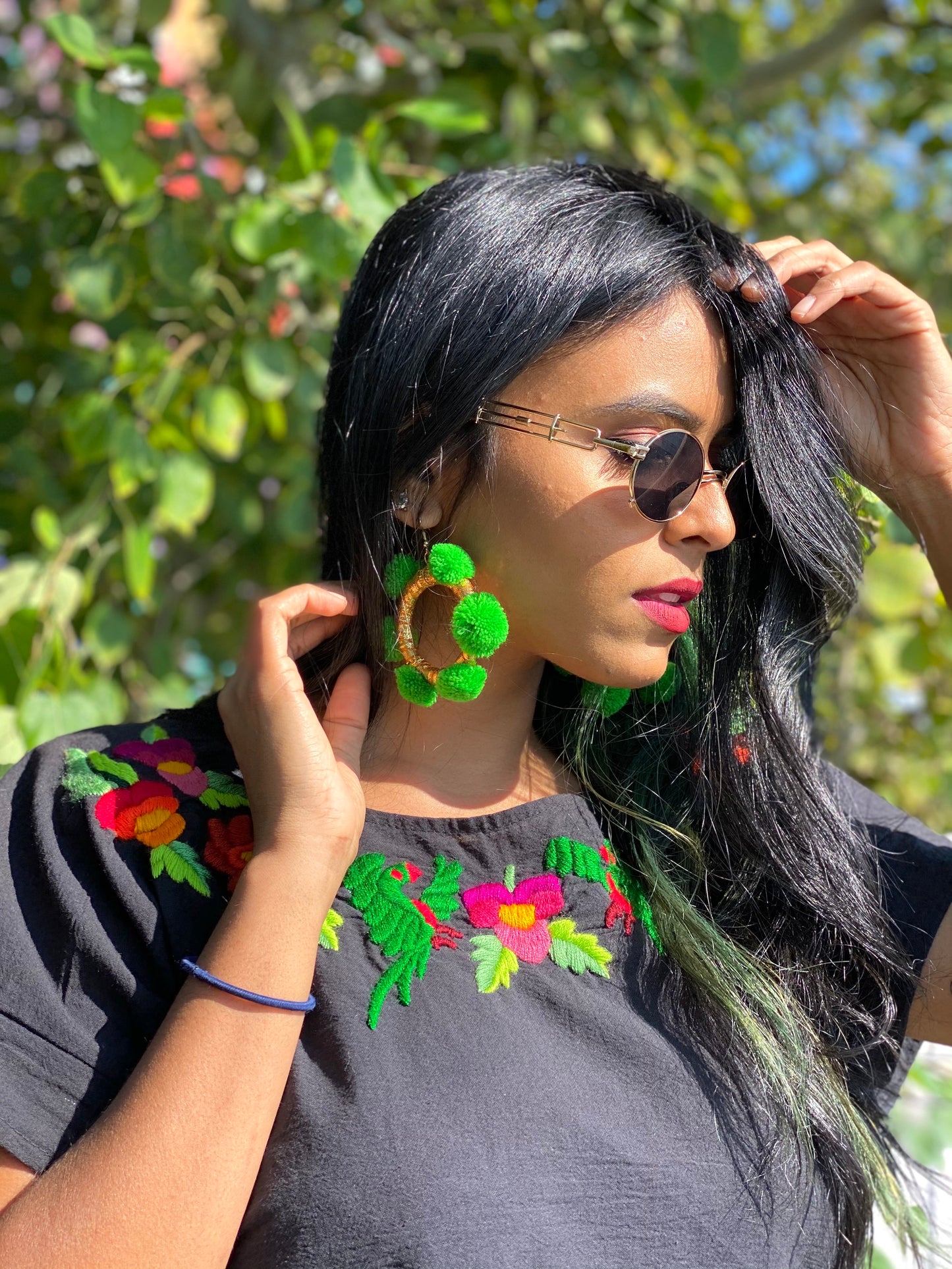 Alexia Pom Pom Hoop Earrings- Golden Green