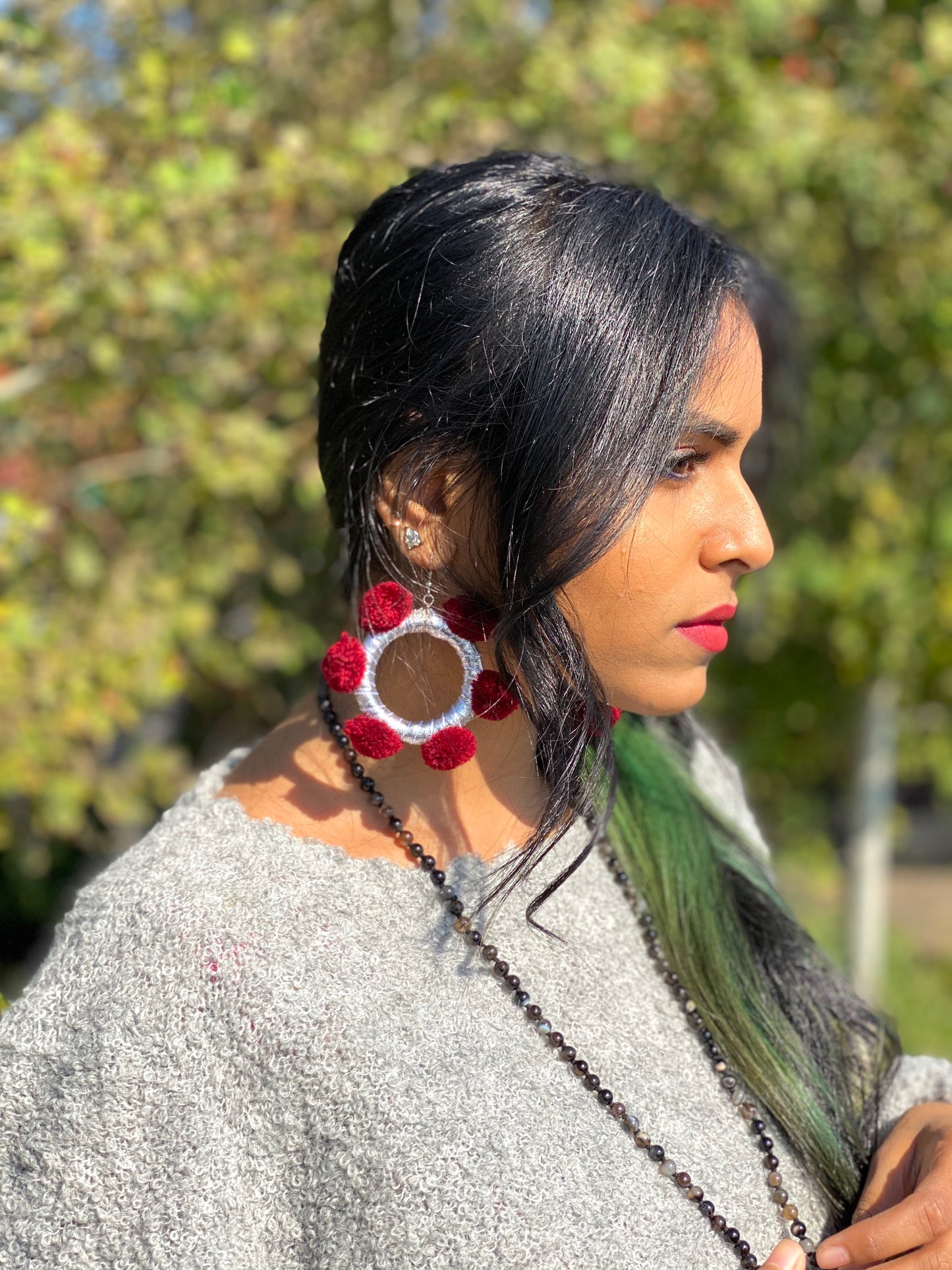 Alexia Pom Pom Hoop Earrings- Sweet Burgundy & Silver