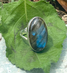 Sterling Silver Labradorite Ring- Medium Oval Size 7.5