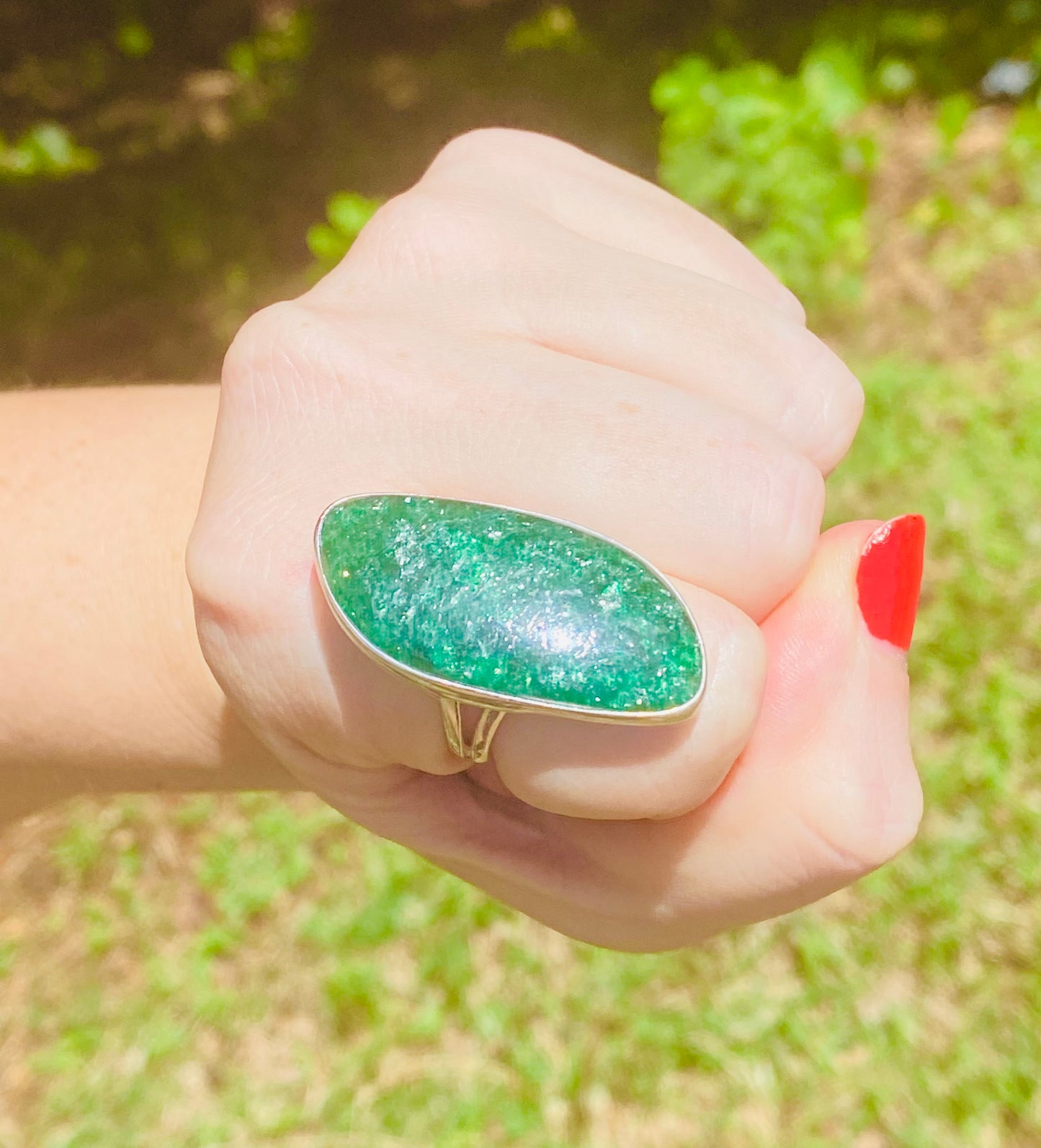 Sterling Silver Sparkly Green Aventurine Ring- Large Size 7.5