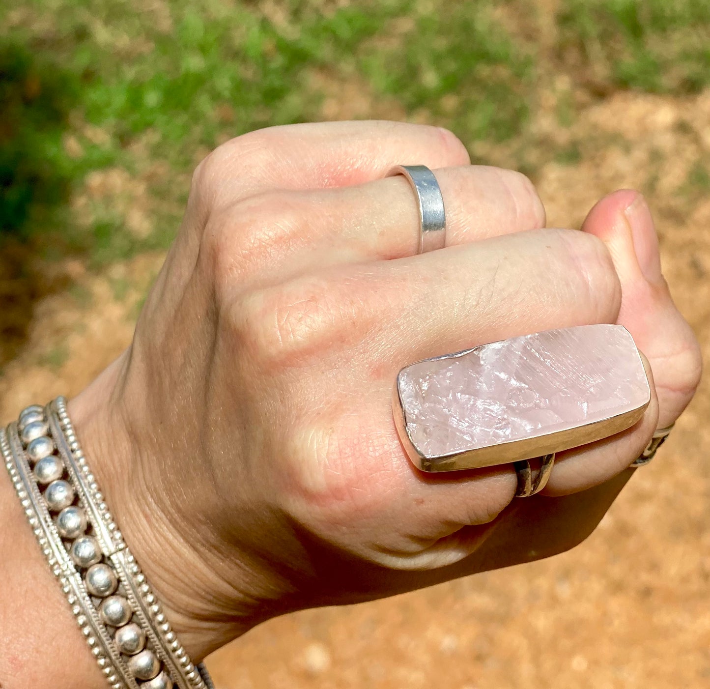 Sterling Silver Rose Quartz Ring- Rectangular Size 7