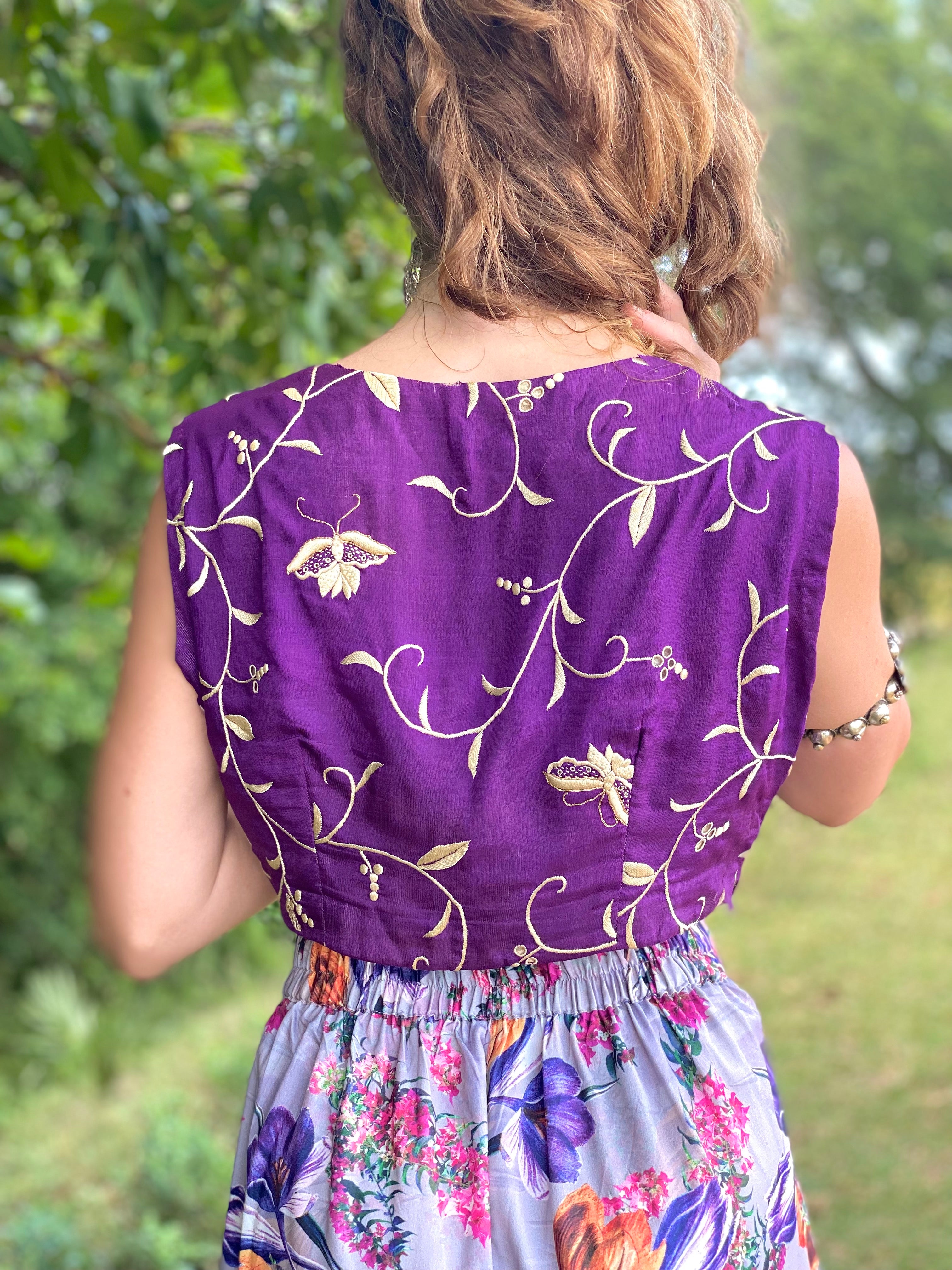 Vintage Hand Embroidered Violet Butterfly Parsi Gara Top
