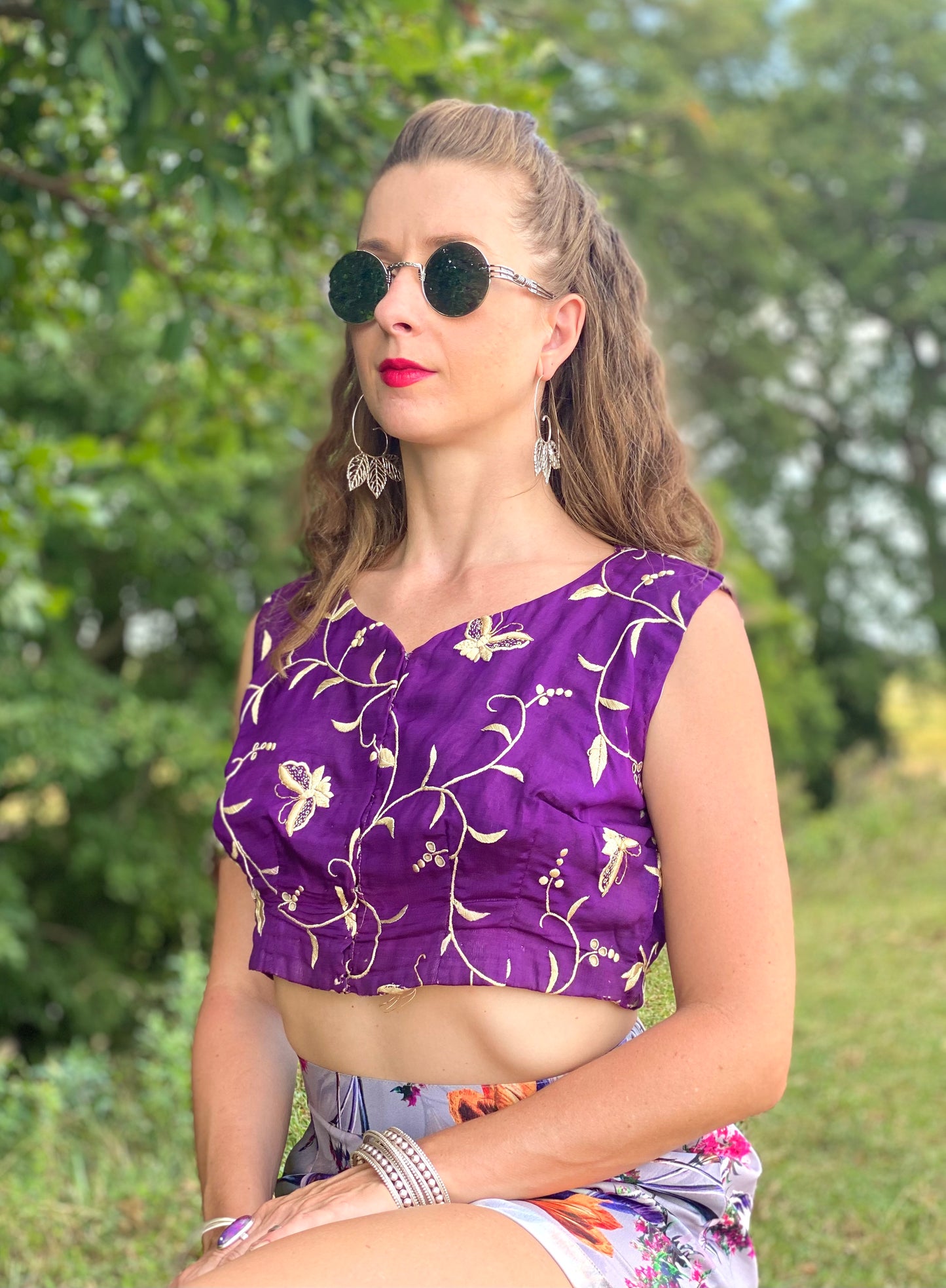 Vintage Hand Embroidered Violet Butterfly Parsi Gara Top