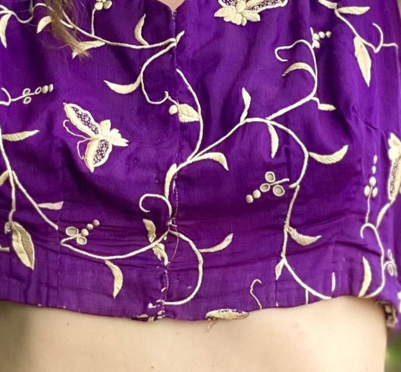 Vintage Hand Embroidered Violet Butterfly Parsi Gara Top