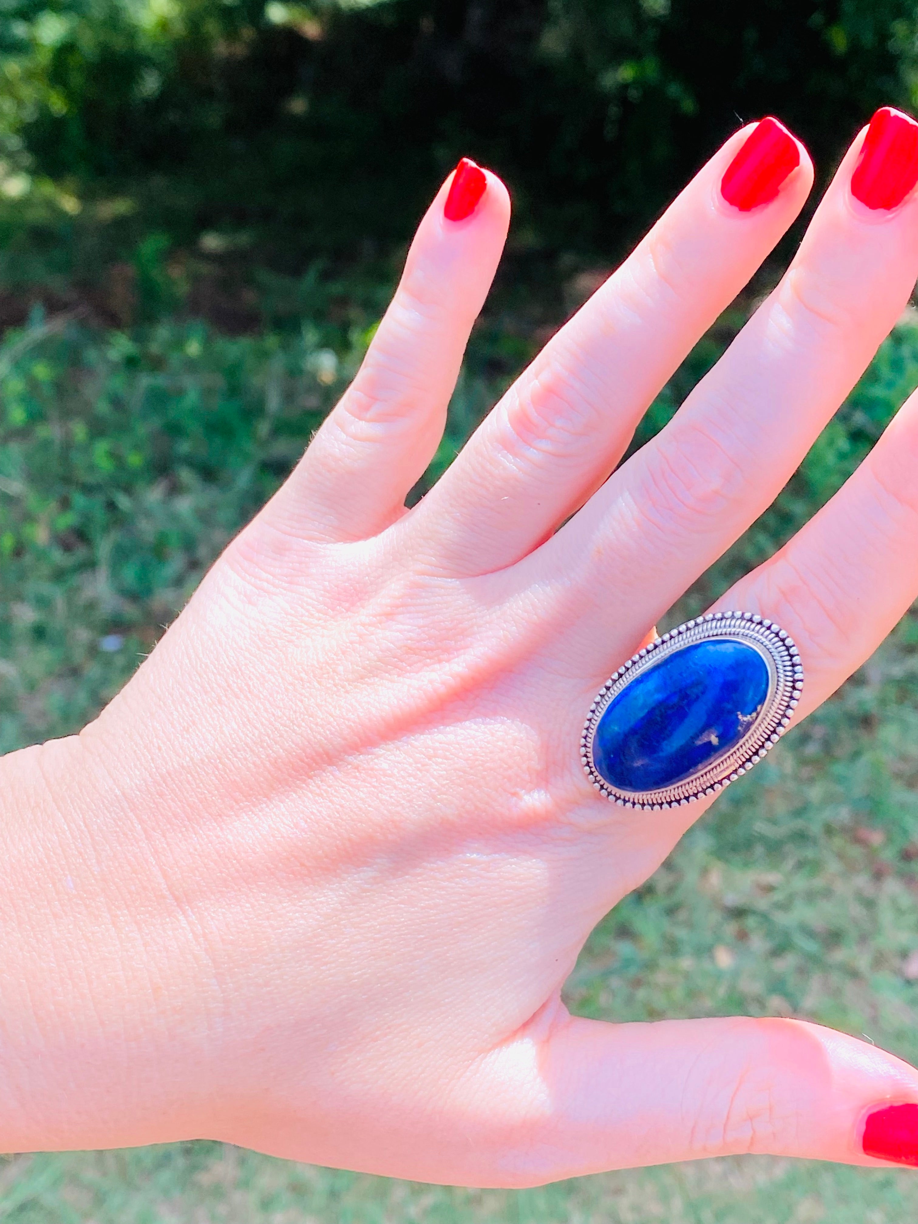 Sterling Silver Lapis Lazuli Ring- Medium Scalloped Oval Size 8