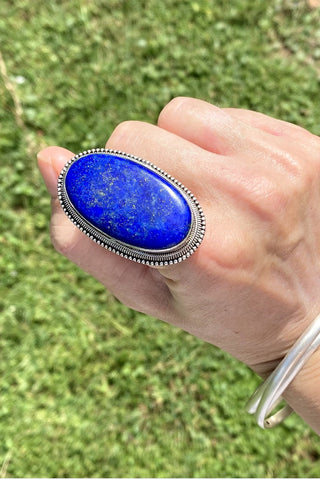 Sterling Silver Lapis Lazuli Ring- Medium Scalloped Oval Size 8