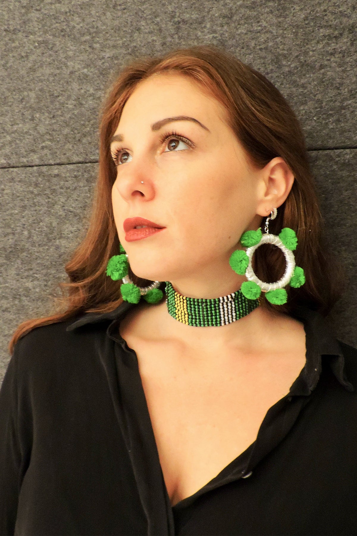 Alexia Pom Pom Hoop Earrings- Green Envy & Silver