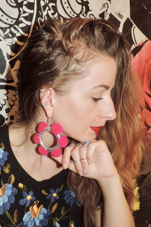 Alexia Pom Pom Hoop Earrings- Pink Kiss & Silver