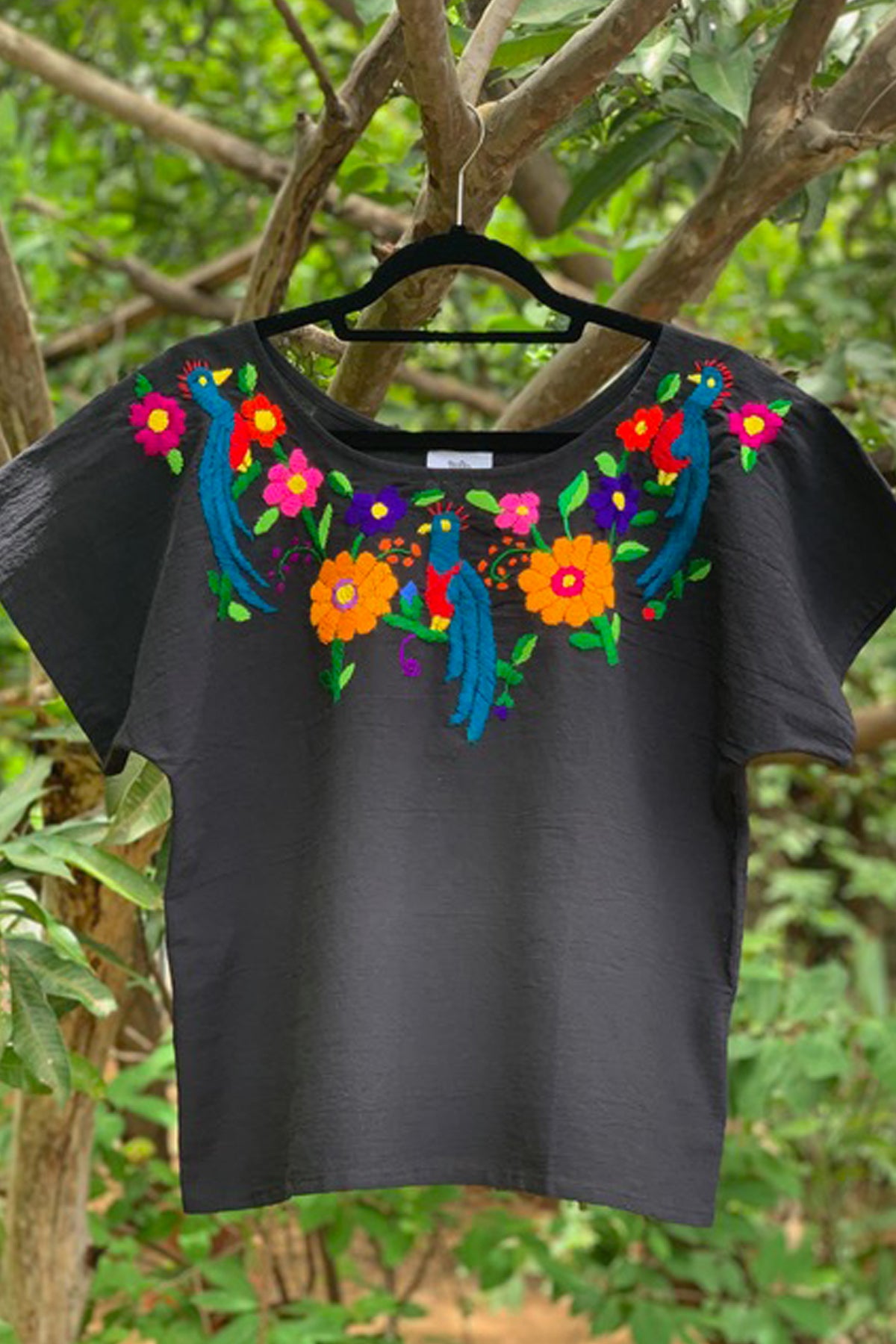 Theodora Hand Embroidered Black Blouse- Perched Quetzals- Large