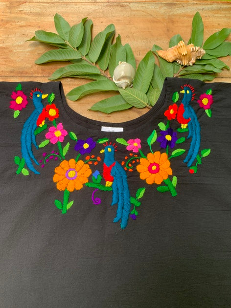 Theodora Hand Embroidered Black Blouse- Perched Quetzals- Large