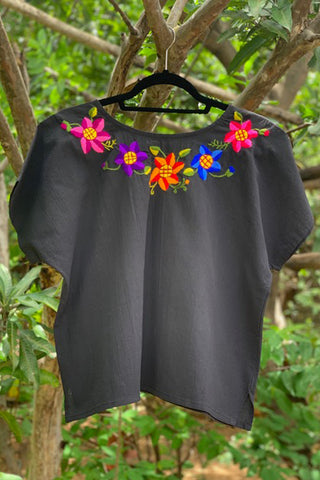 The BoBo Embroidered Frida Multi Colored Four Petal Flower On Long Black- Large