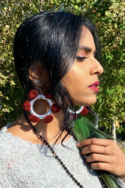 Alexia Pom Pom Hoop Earrings- Sweet Burgundy & Silver