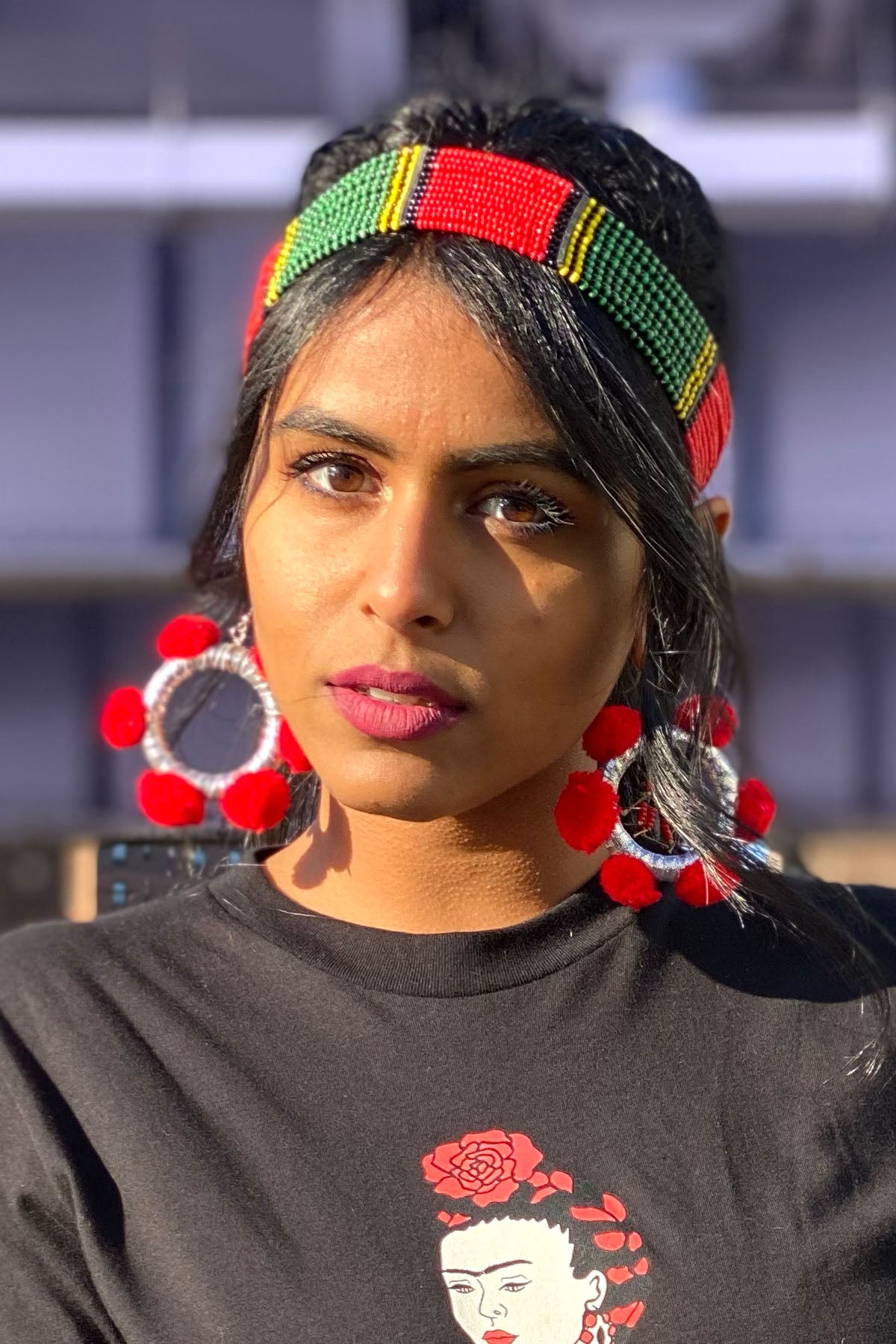 Alexia Pom Pom Hoop Earrings- Red Lipstick & Silver