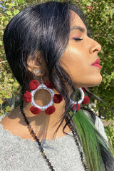 Alexia Pom Pom Hoop Earrings- Sweet Burgundy & Silver
