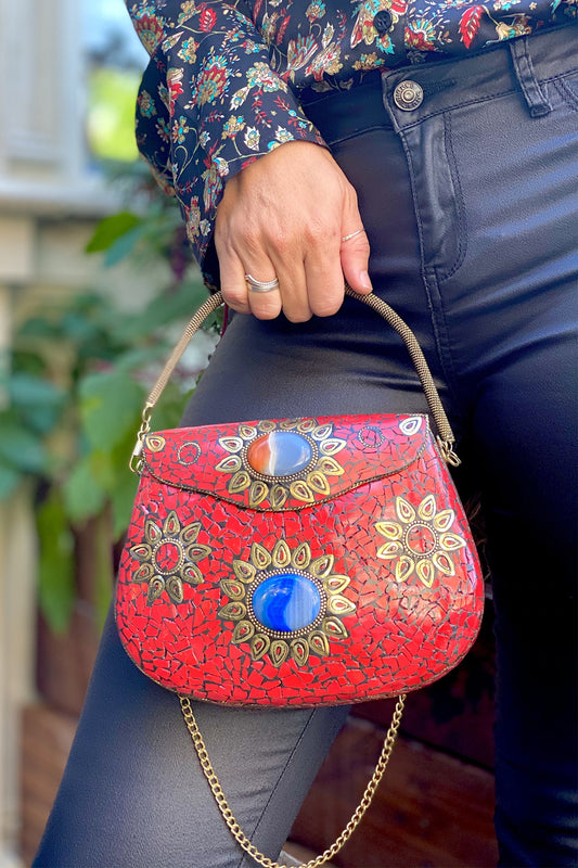 BoBo Designed Indian Mosaic Bag -Royal Red With Agate