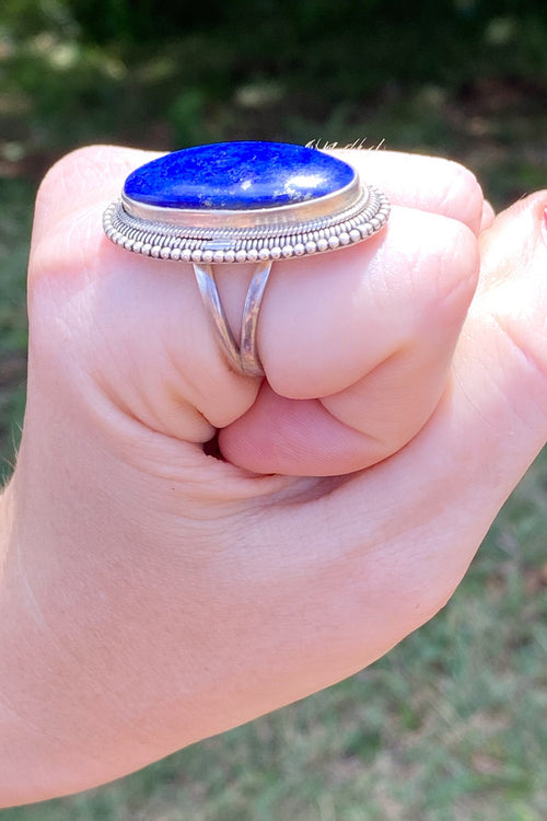 Sterling Silver Lapis Lazuli Ring- Medium Scalloped Oval Size 8