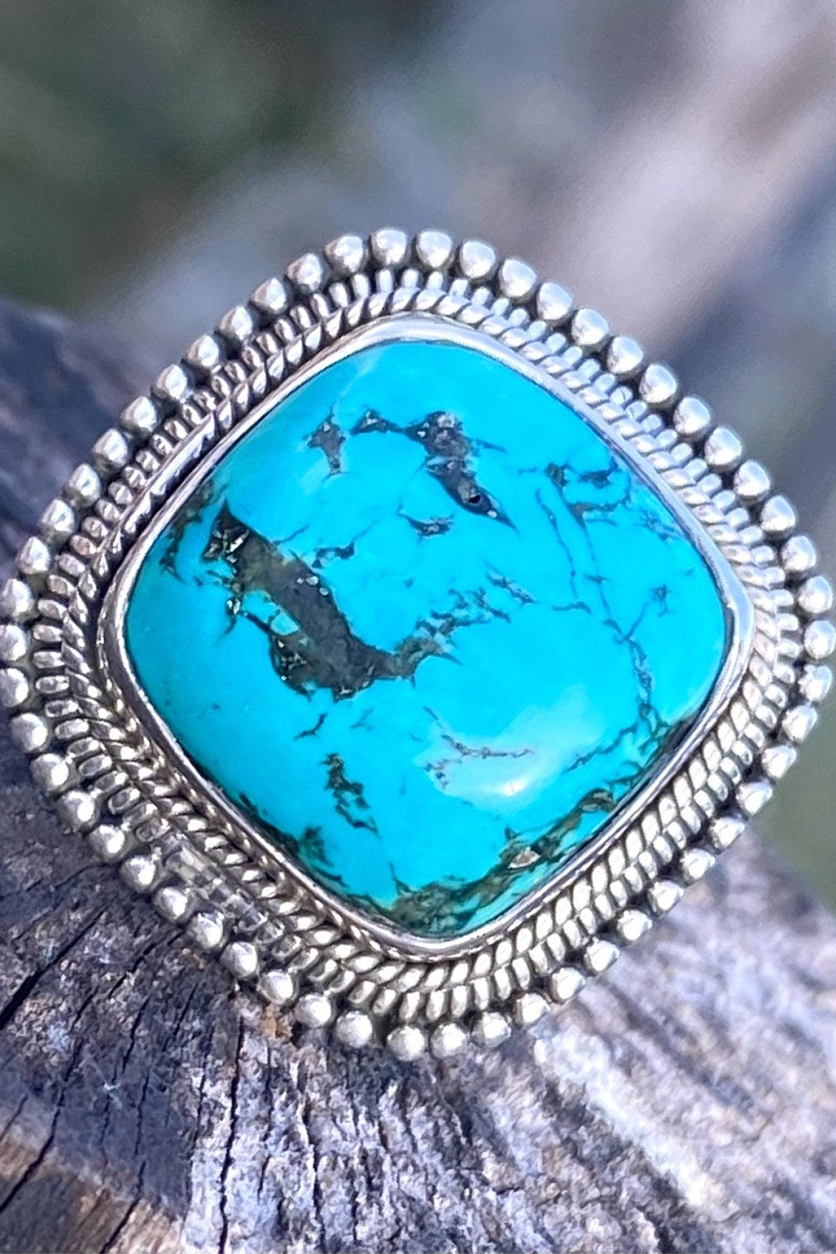 Sterling Silver Turquoise Ring- Diagonal Square Size 7, Size 8.5