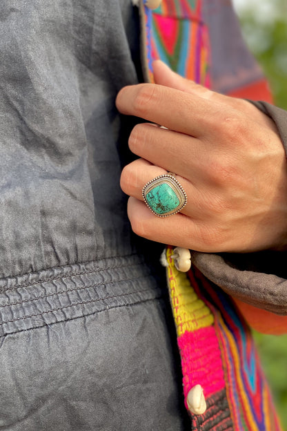 Sterling Silver Turquoise Ring- Diagonal Square Size 7, Size 8.5