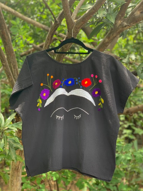 The BoBo Frida Hand Embroidered Black Blouse- Whimsical Crown- Large