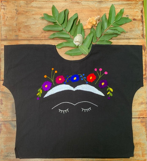 The BoBo Frida Hand Embroidered Black Blouse- Whimsical Crown- Large